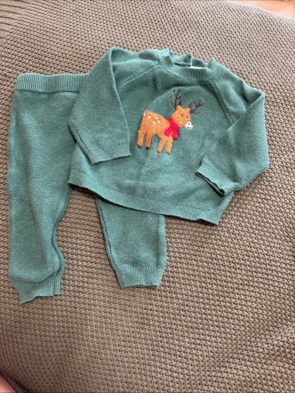 Little Me Green Knit Baby Set with Reindeer Motif 9 Months